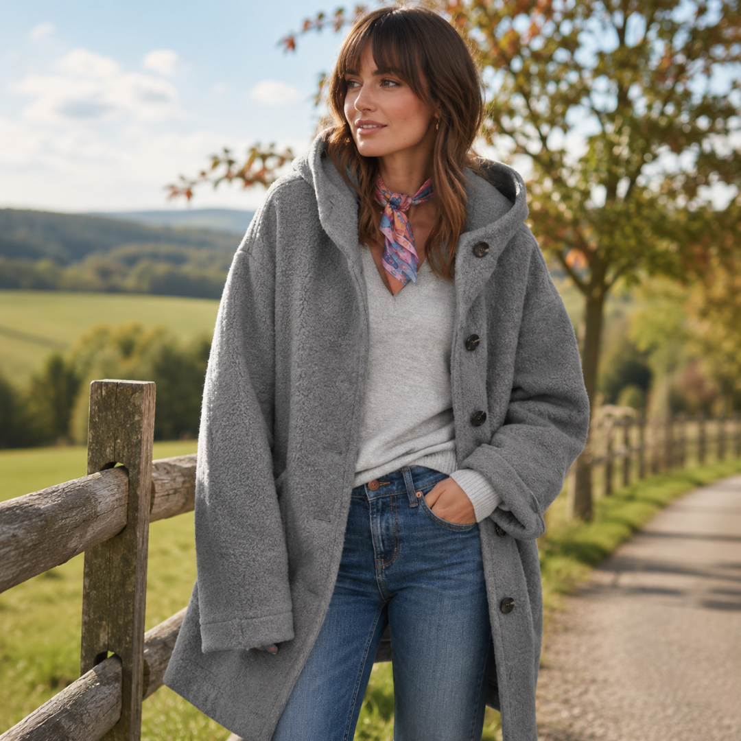 Manteau femme gris à capuche, boutons foncés alignés sur le devant