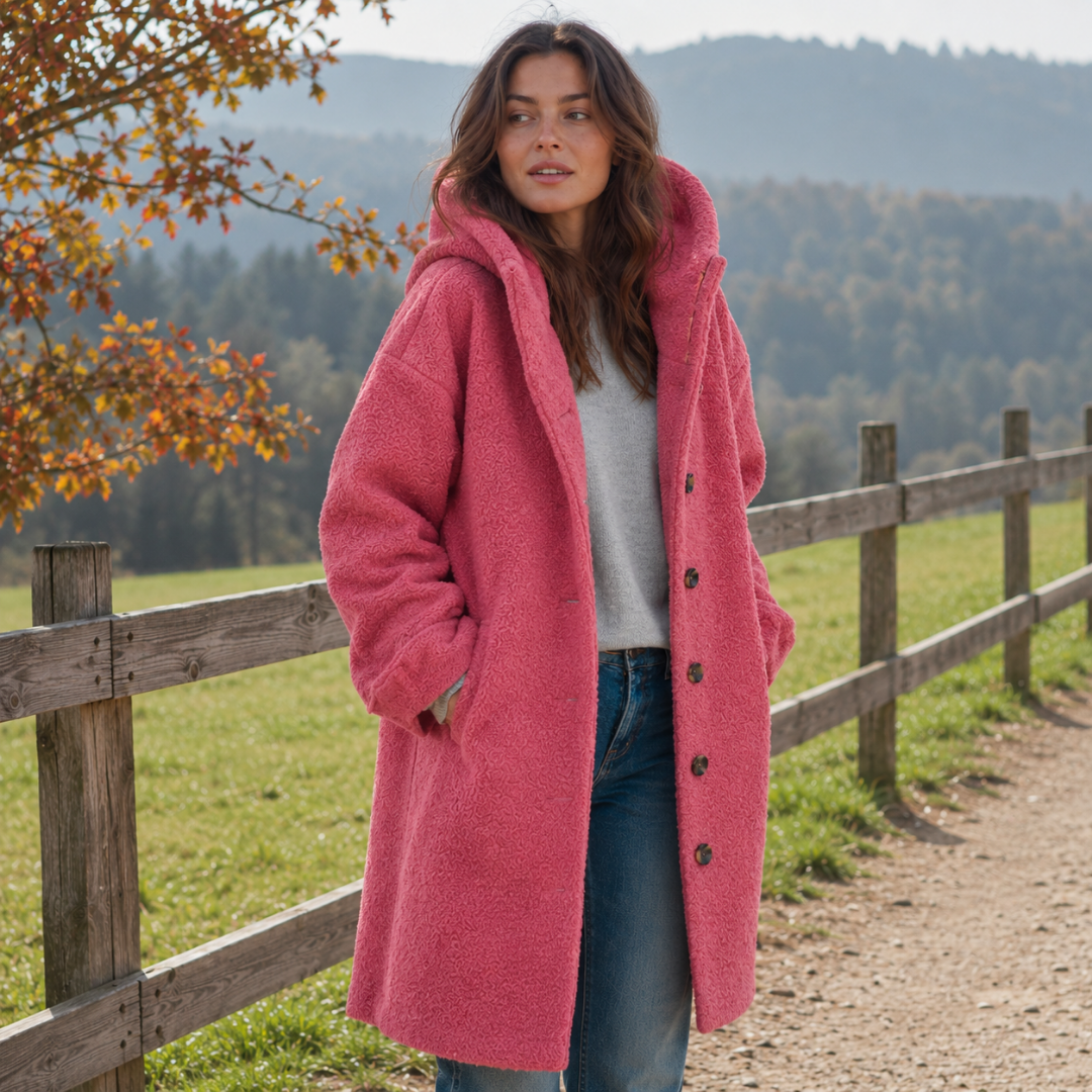 Manteau rose à capuche porté ouvert, boutons foncés et poches latérales visibles