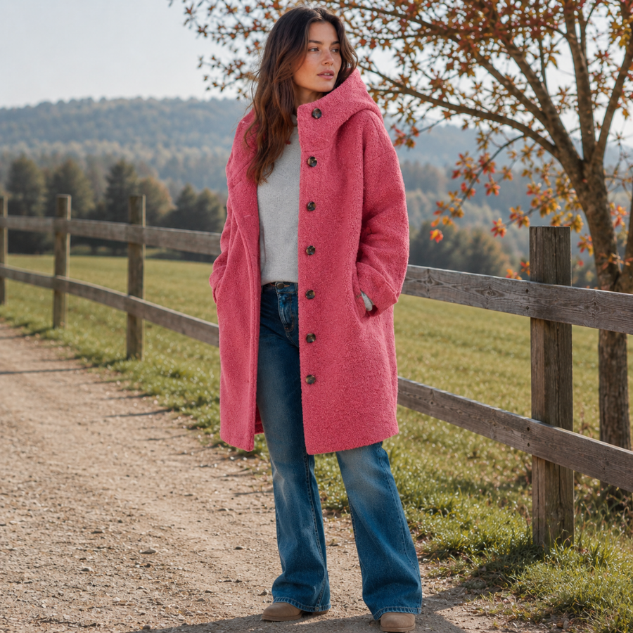 Manteau femme rose boutonné devant, capuche relevée, porté avec un pantalon large bleu