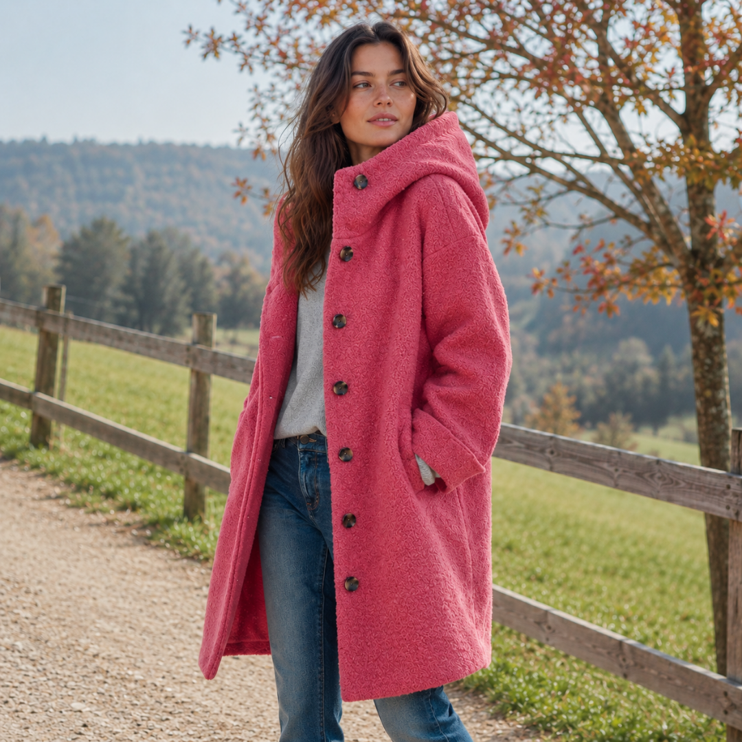 Manteau rose texturé à capuche, main glissée dans la poche latérale