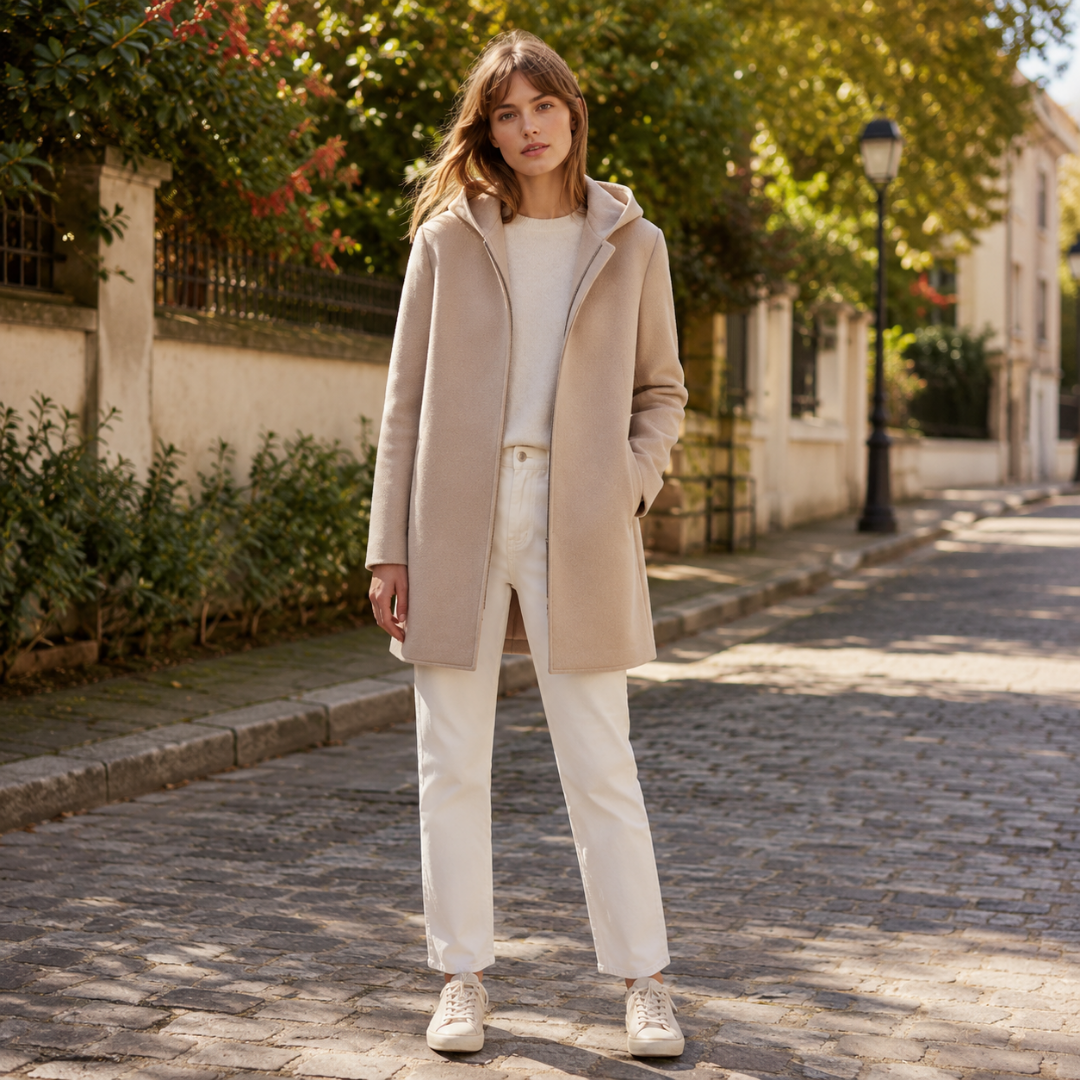 Manteau femme beige à capuche porté ouvert avec un pantalon blanc en ville