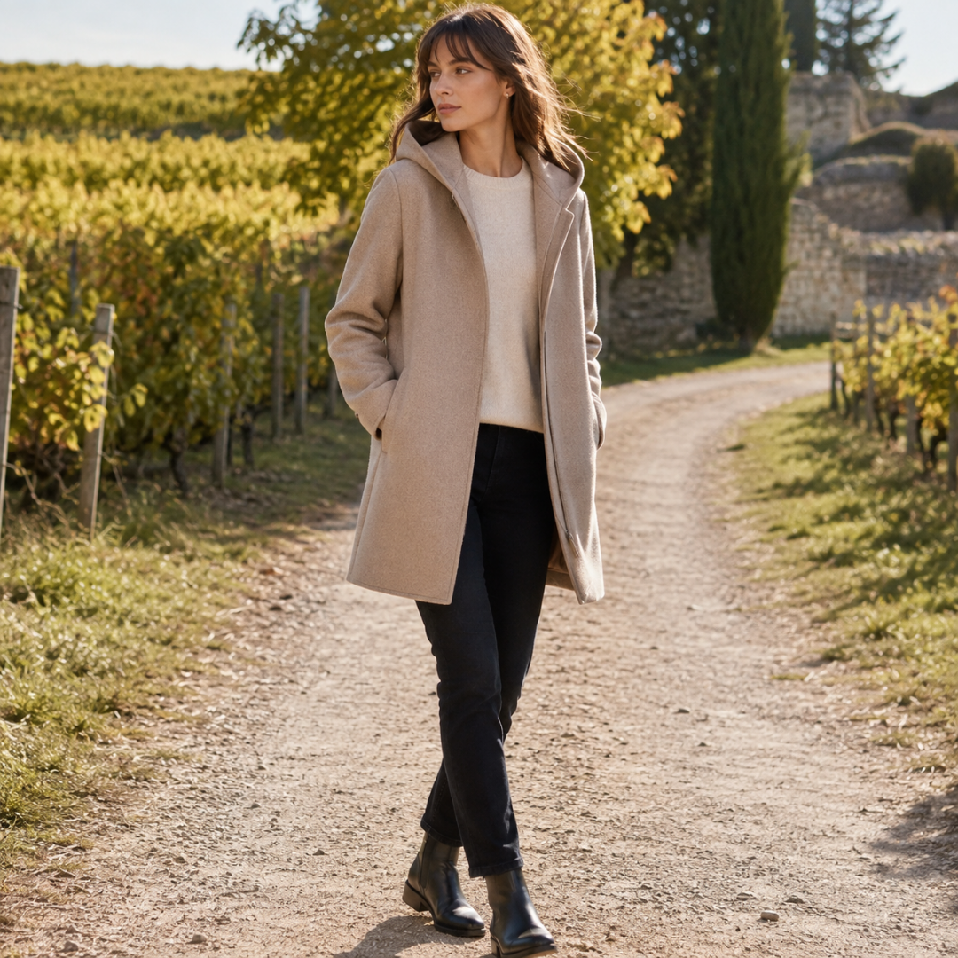 Manteau beige mi-long à capuche et poches passepoilées porté avec un pantalon noir