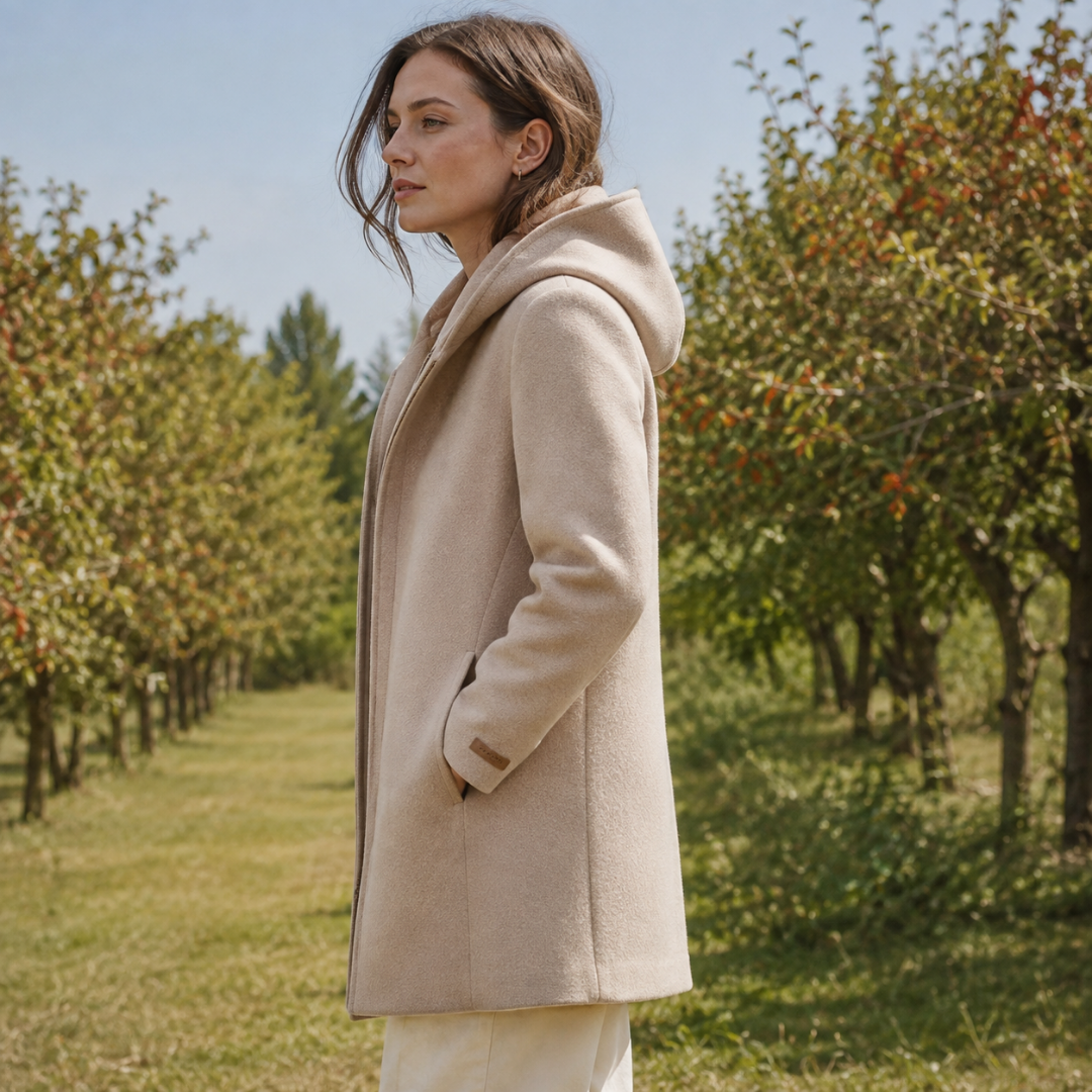 Vue de profil du manteau beige à grande capuche et poche passepoilée sur le côté