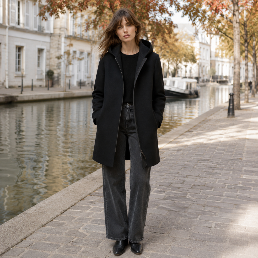 Manteau femme noir à capuche et zip central porté avec un pantalon large gris