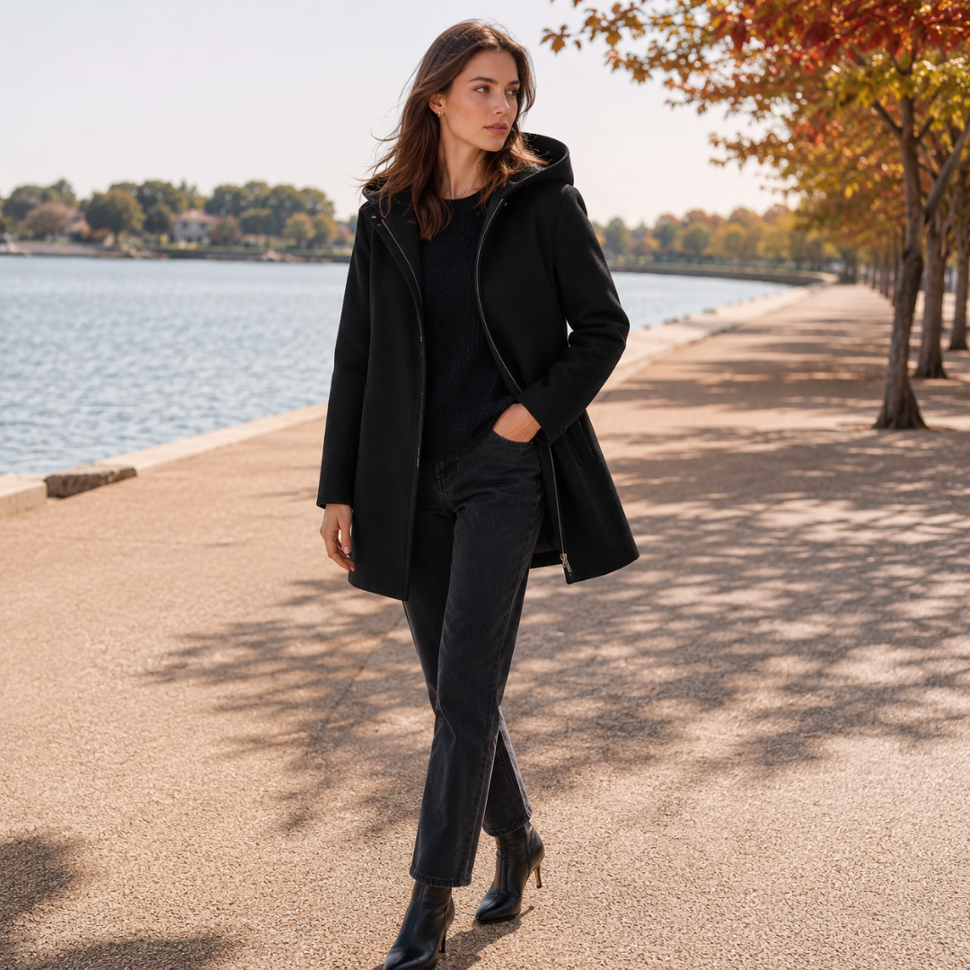 Manteau noir mi-long à capuche ouvert, une main dans la poche passepoilée