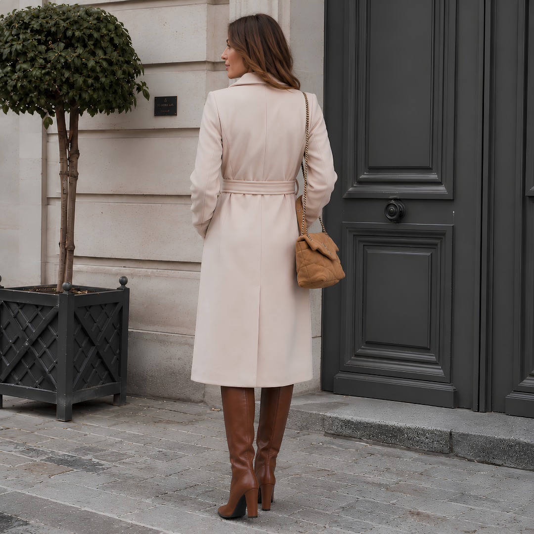 Dos du manteau long beige avec couture centrale et ceinture à la taille