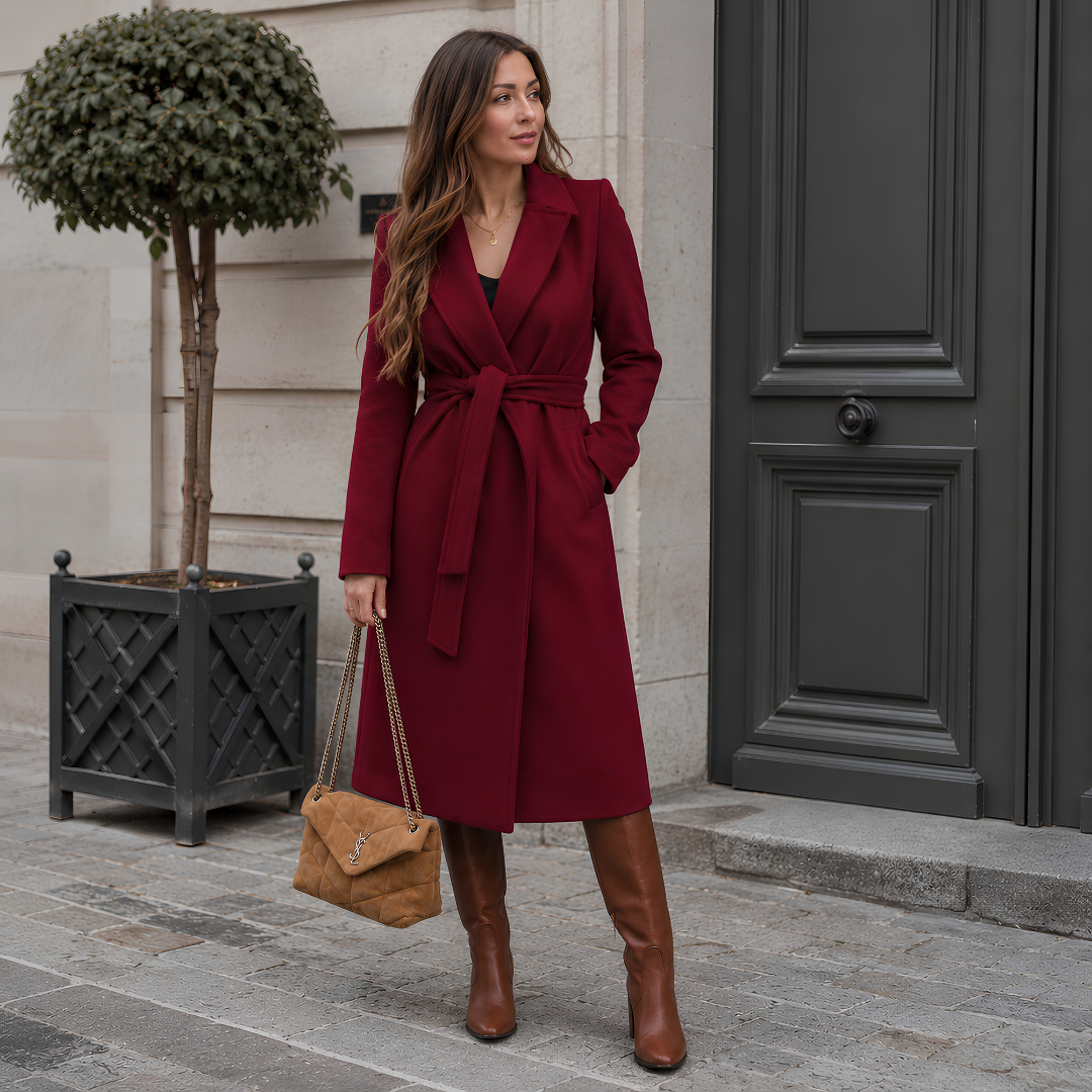 Manteau long rouge profond à ceinture à nouer et col tailleur