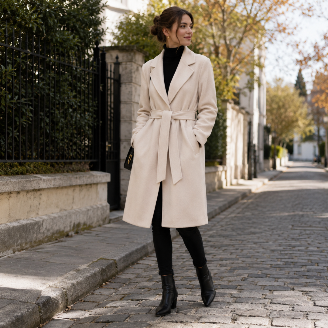 Manteau femme beige long ceinturé à la taille, porté ouvert avec bottines noires
