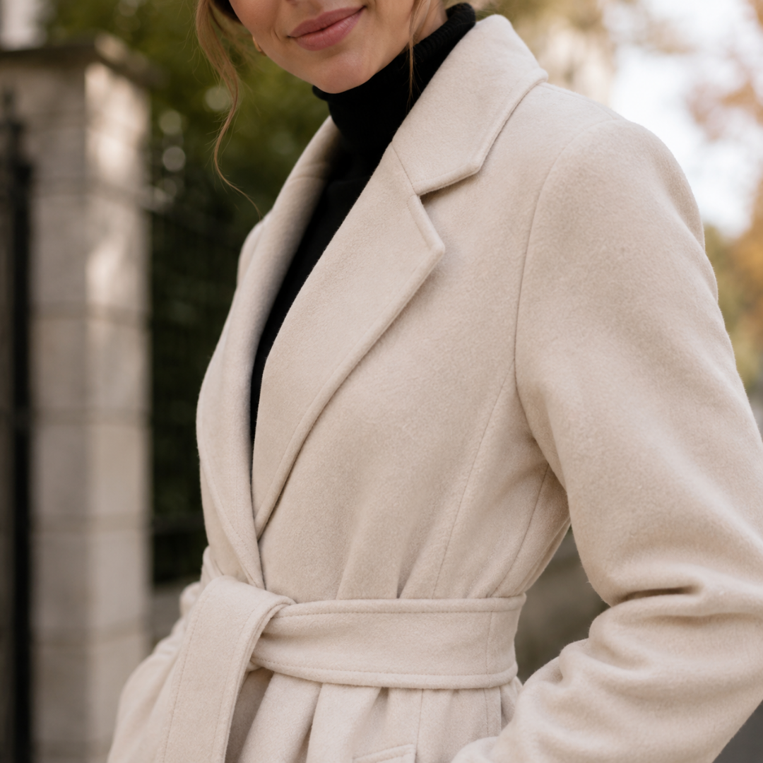 Manteau femme beige de profil, revers crantés et ceinture nouée à la taille