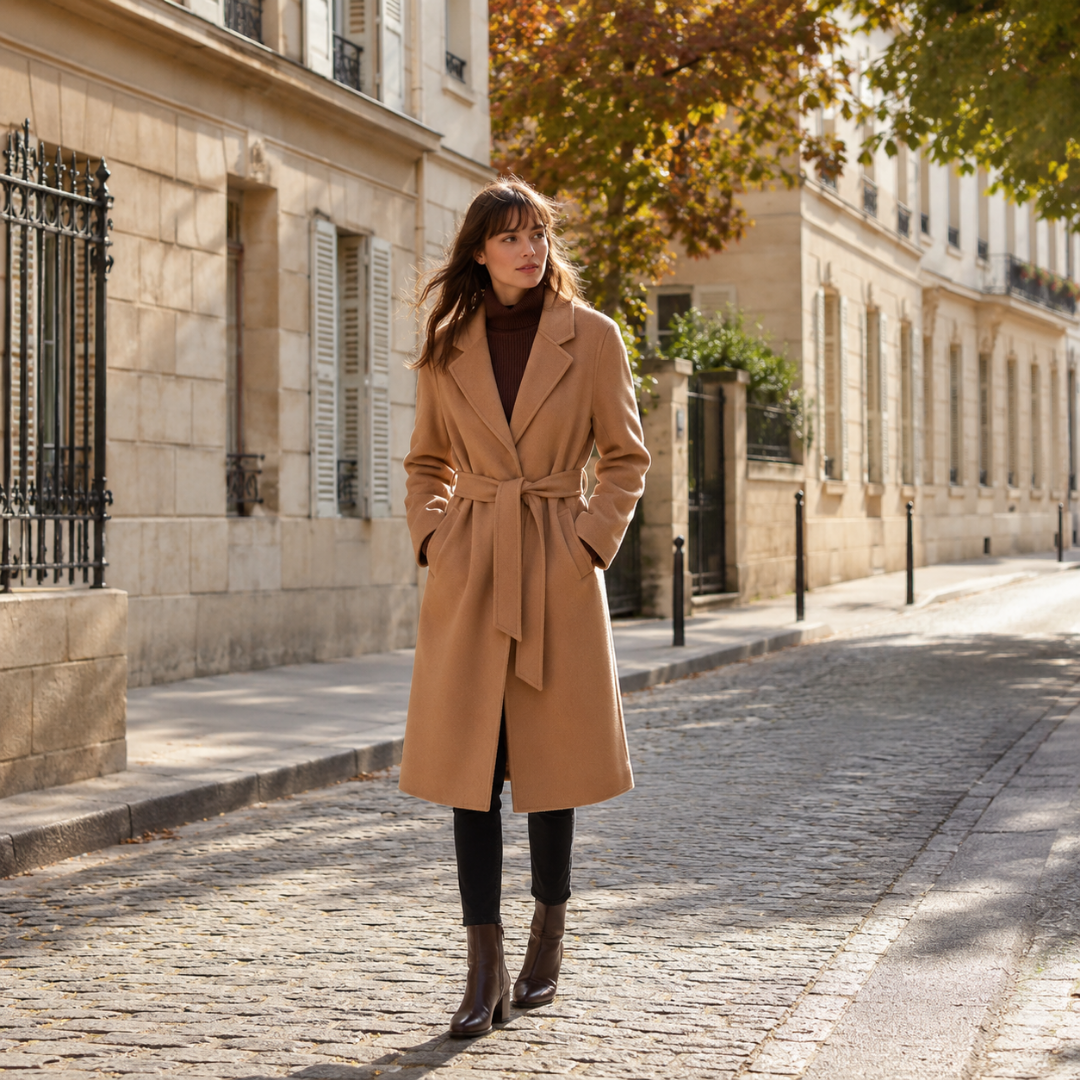 Manteau femme marron clair long ceinturé, porté avec pantalon noir et bottines