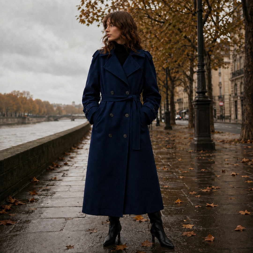 Manteau long bleu à double boutonnage, pattes d'épaule et ceinture nouée