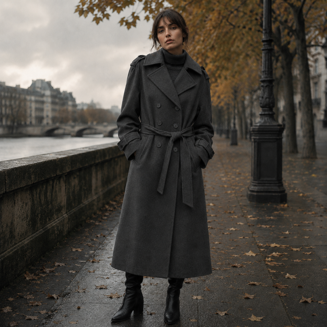 Manteau long gris foncé à col cranté, ceinture nouée et poches latérales