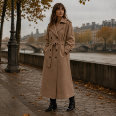 Manteau long kaki foncé avec ceinture nouée, col cranté et poignets boutonnés