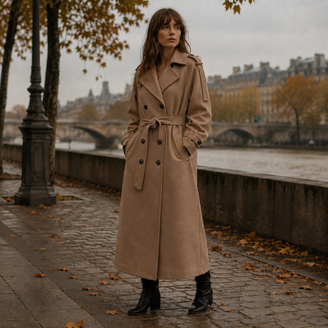 Manteau long kaki foncé avec ceinture nouée, col cranté et poignets boutonnés