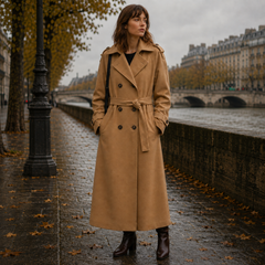 Manteau long kaki ceinturé à double boutonnage et pattes d'épaule boutonnées