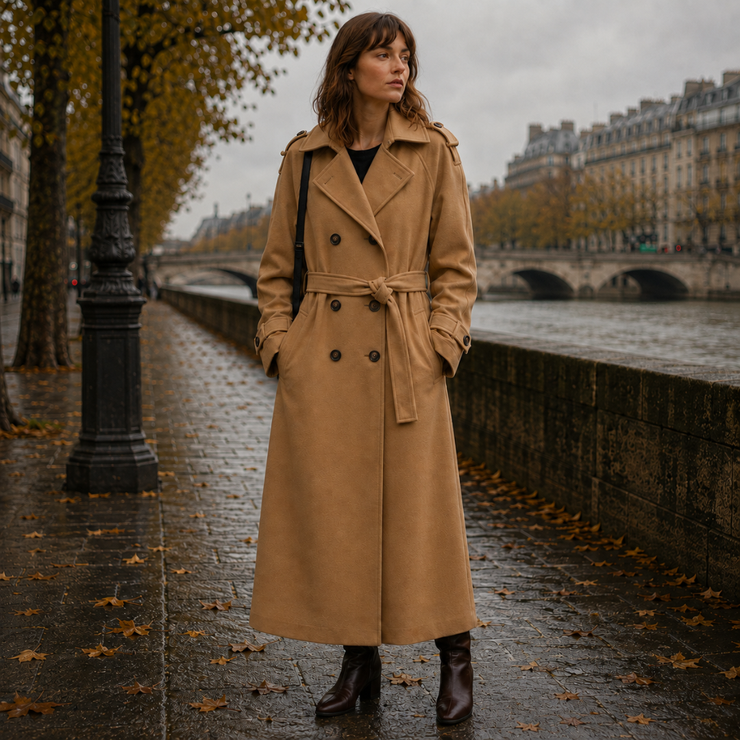 Manteau long kaki ceinturé à double boutonnage et pattes d'épaule boutonnées