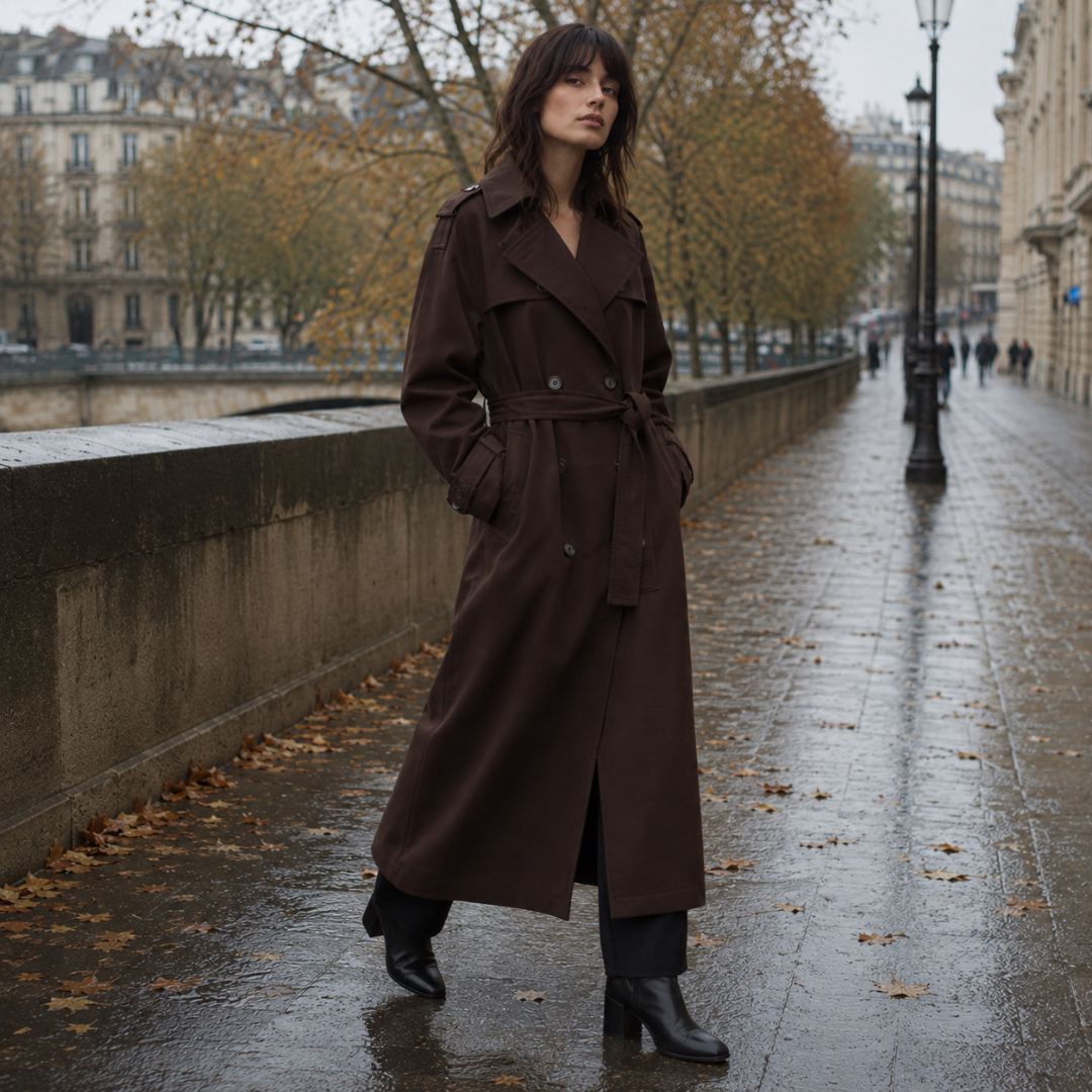 Manteau long marron foncé ceinturé à double boutonnage porté avec des bottines noires