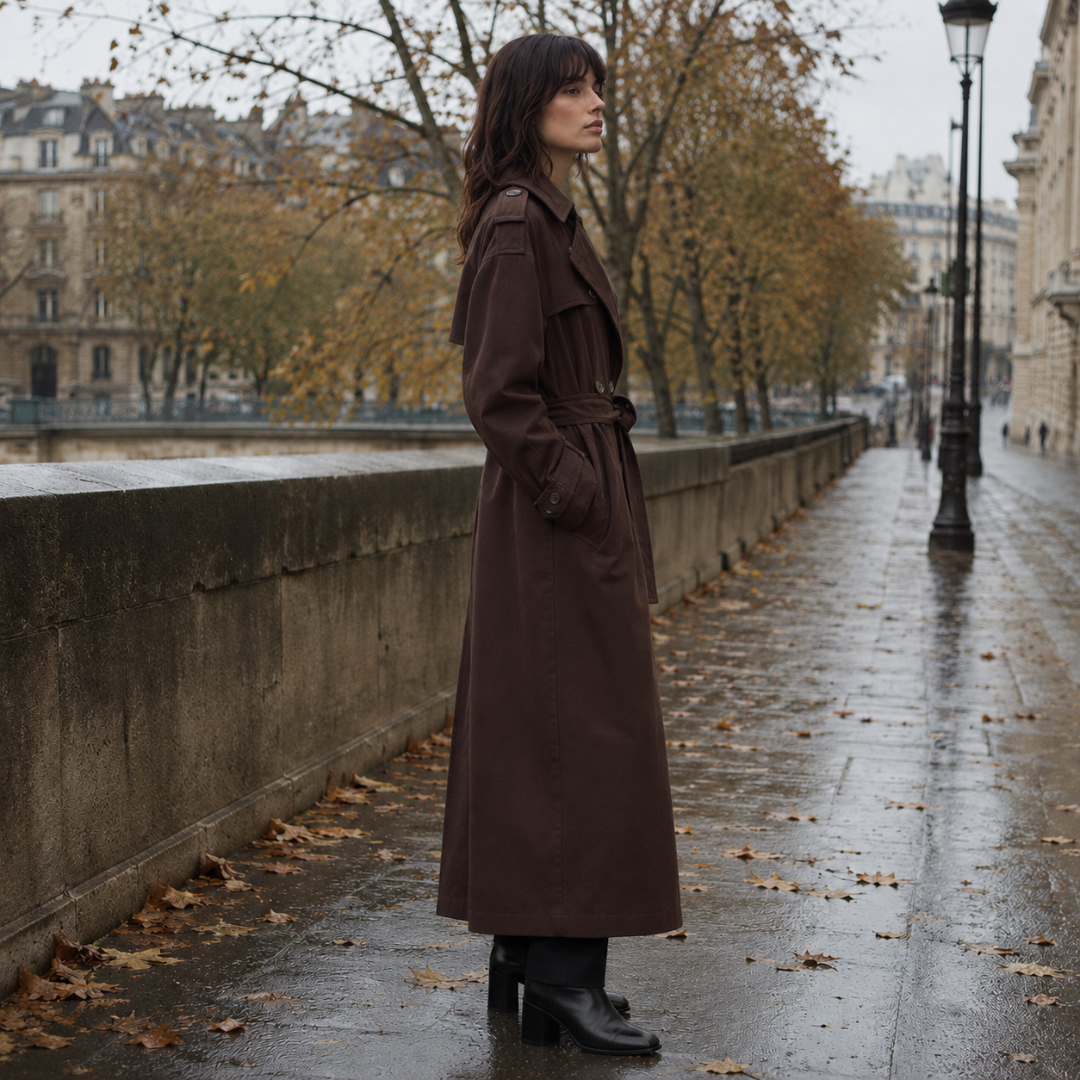 Manteau marron foncé de profil, ceinture nouée et patte d'épaule boutonnée visibles