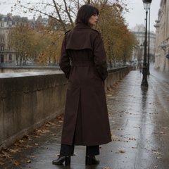 Dos du manteau long marron foncé avec empiècement, ceinture et fente centrale