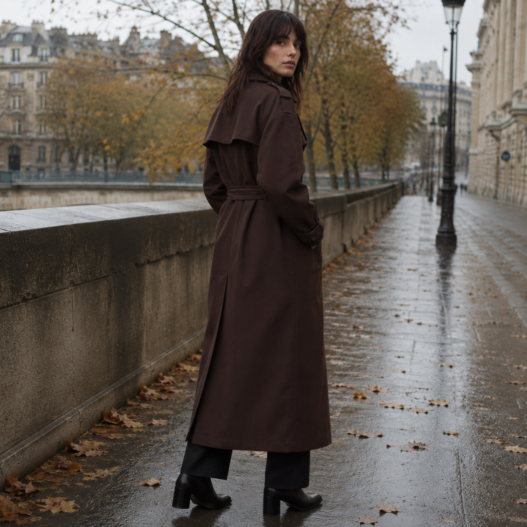 Manteau marron foncé vu de trois quarts arrière, poignet à patte boutonnée