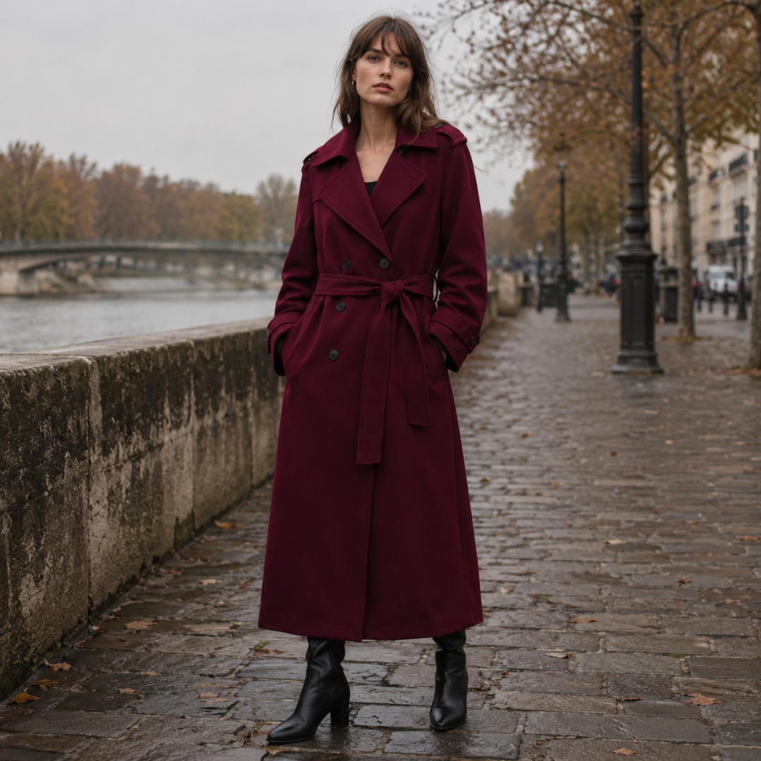 Manteau long rouge foncé ceinturé à double boutonnage porté avec bottines noires
