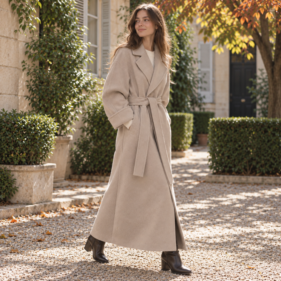 Manteau long femme abricot ceinturé à col tailleur, porté avec des bottines noires
