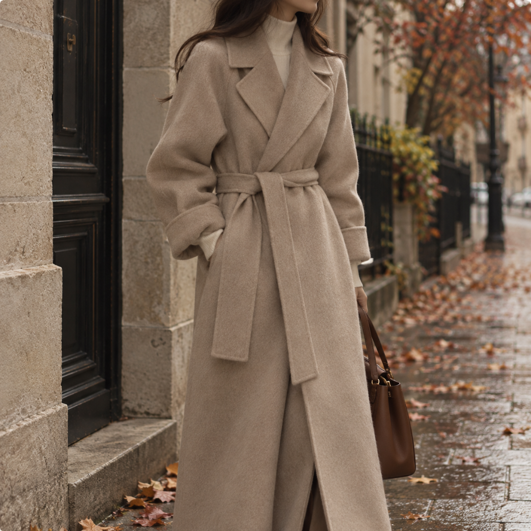 Manteau femme abricot ceinturé, grands revers et ceinture nouée à la taille