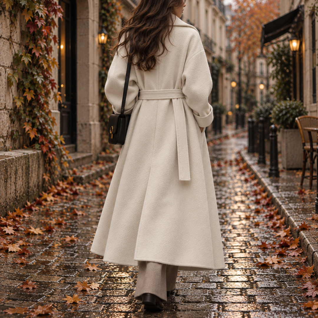 Dos du manteau blanc ceinturé, ceinture nouée et base évasée longue