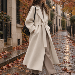 Manteau long blanc ceinturé vu de profil, mains dans les poches latérales