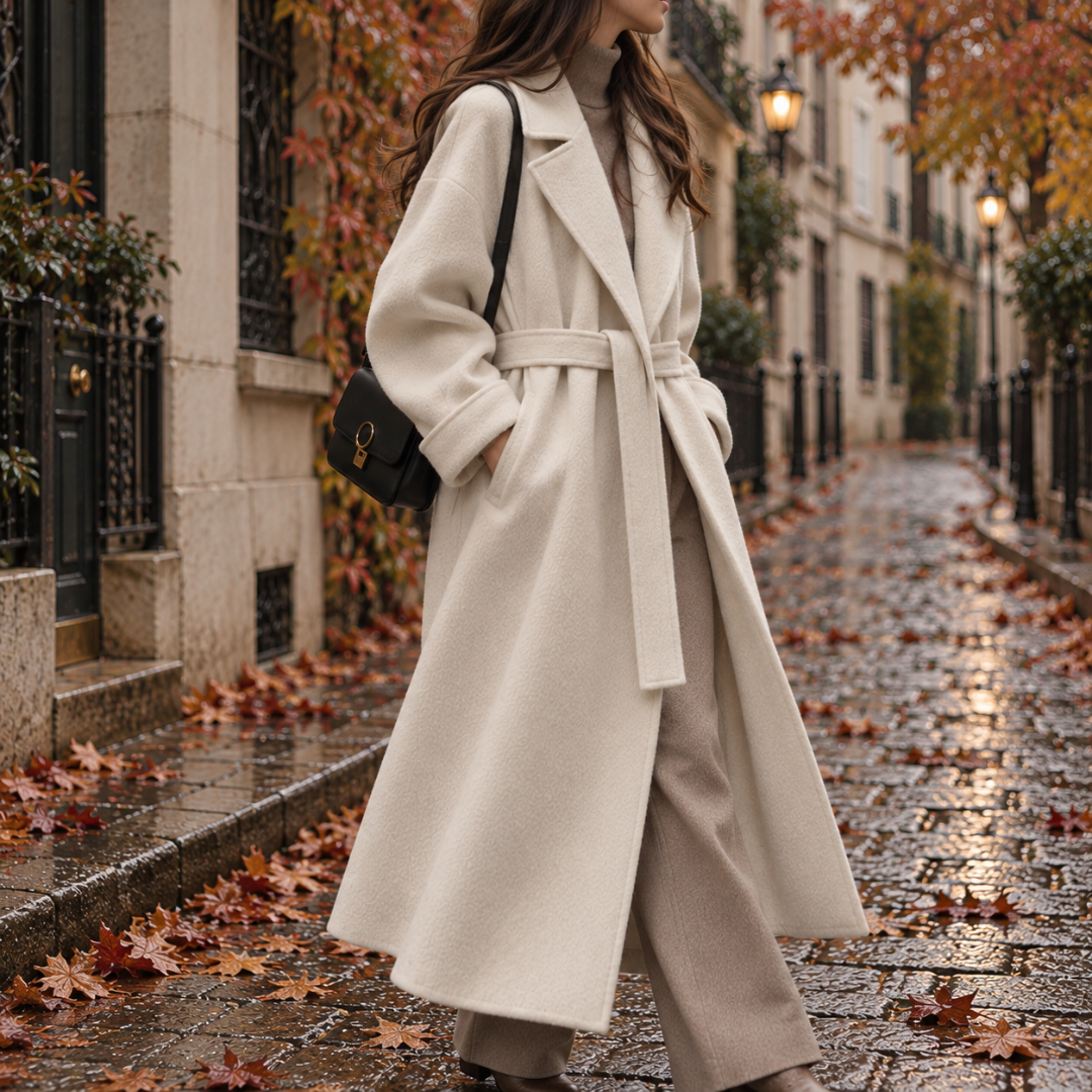 Manteau long blanc ceinturé vu de profil, mains dans les poches latérales