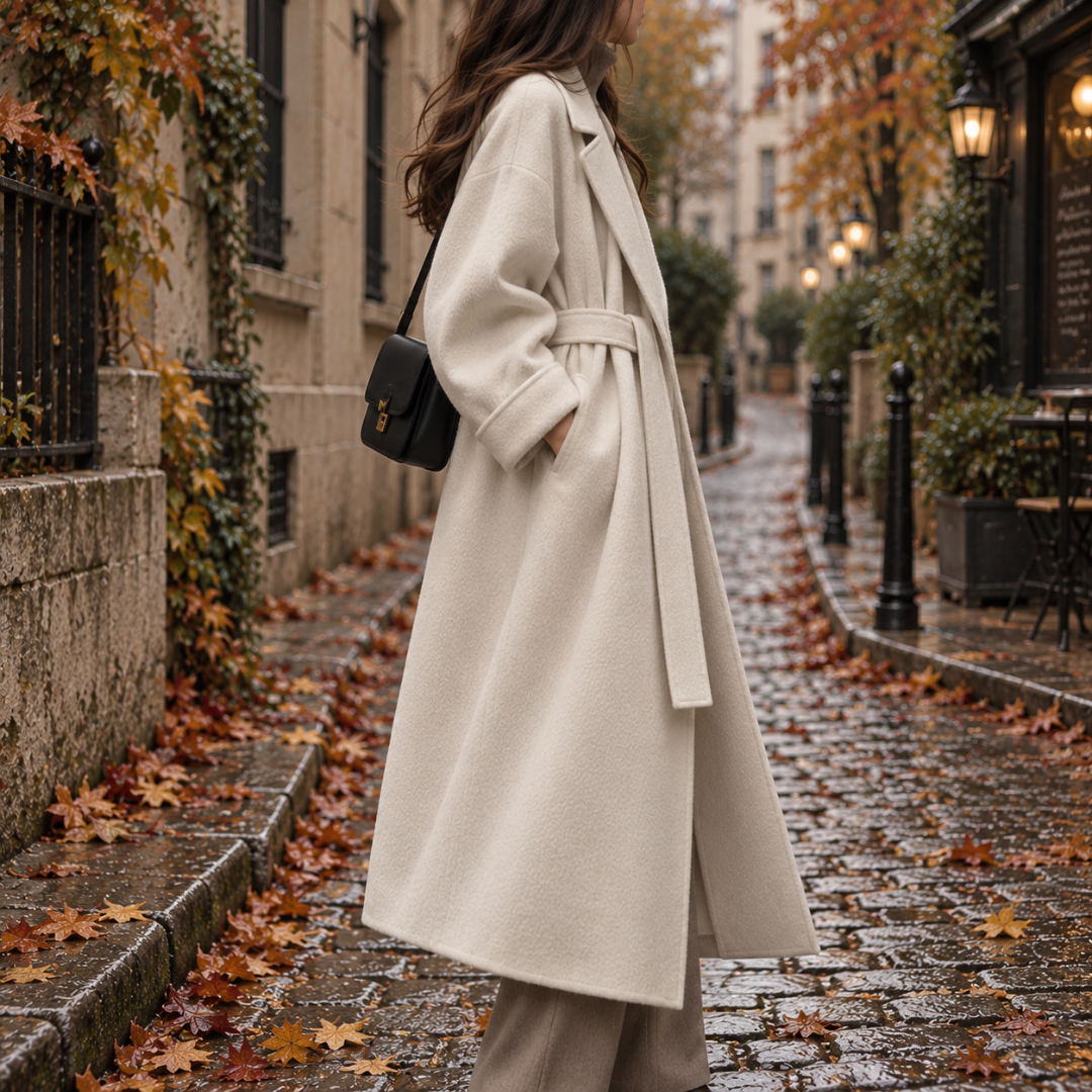 Détail du manteau blanc ceinturé, manches amples et pan de ceinture tombant