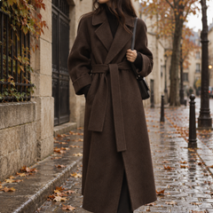 Manteau femme brun ceinturé, col large et silhouette longue légèrement oversize