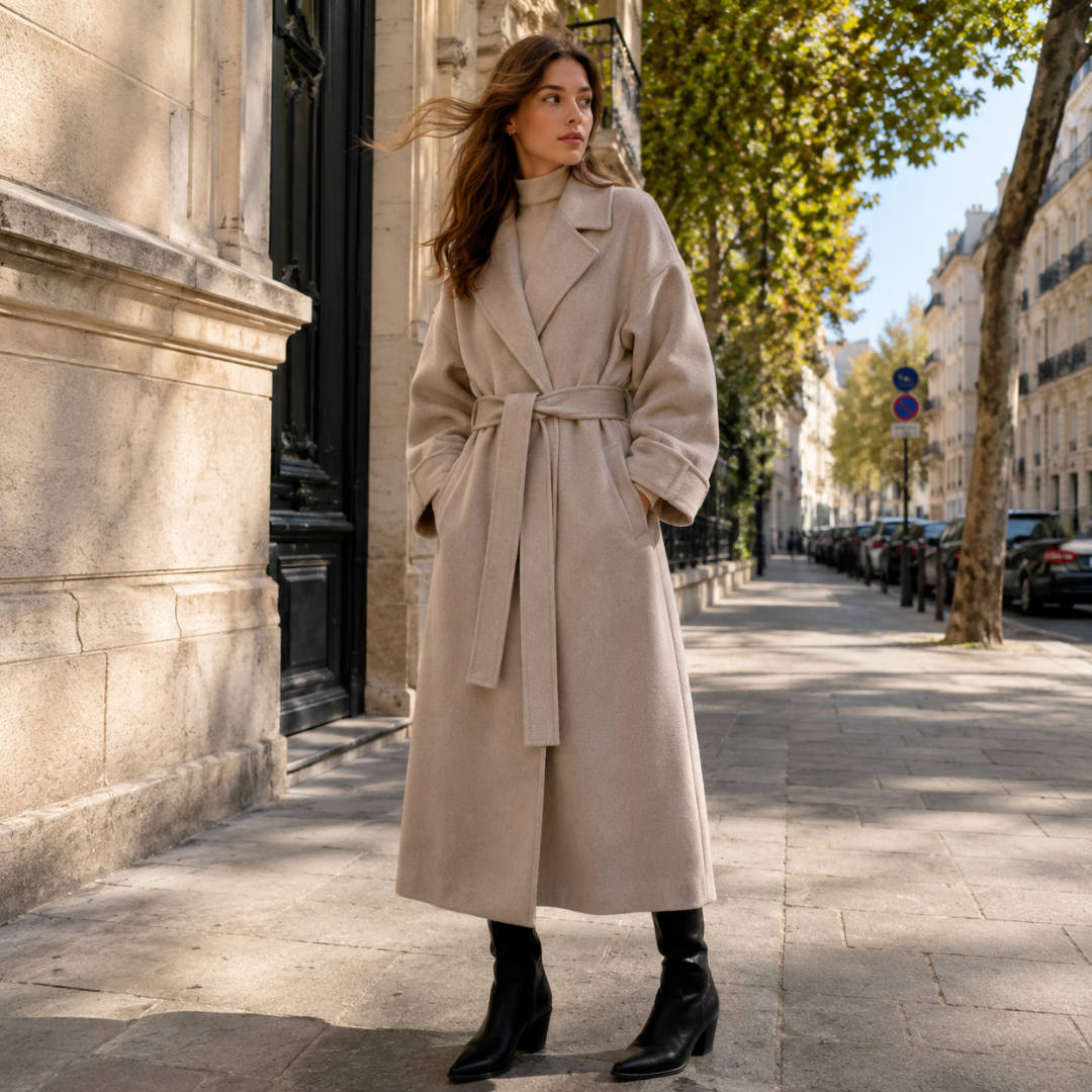 Manteau femme abricot à ceinture nouée, larges revers et manches longues, en ville