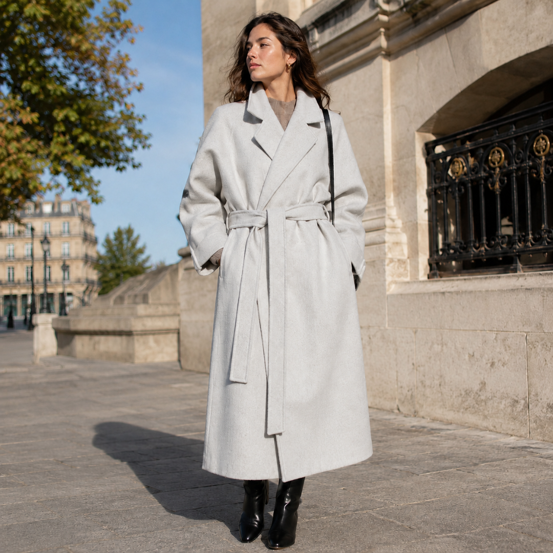 Manteau long femme gris clair ceinturé, col tailleur et devant croisé, vue de face