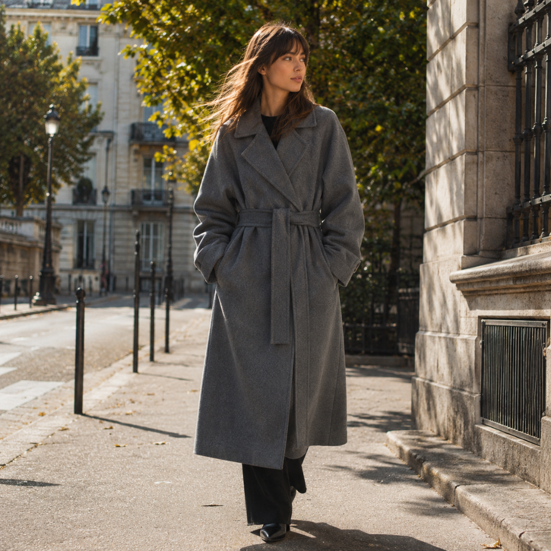 Manteau long femme gris foncé ceinturé avec poches latérales et col tailleur