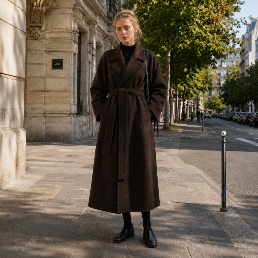 Manteau long femme marron ceinturé, col tailleur à larges revers, vue de face