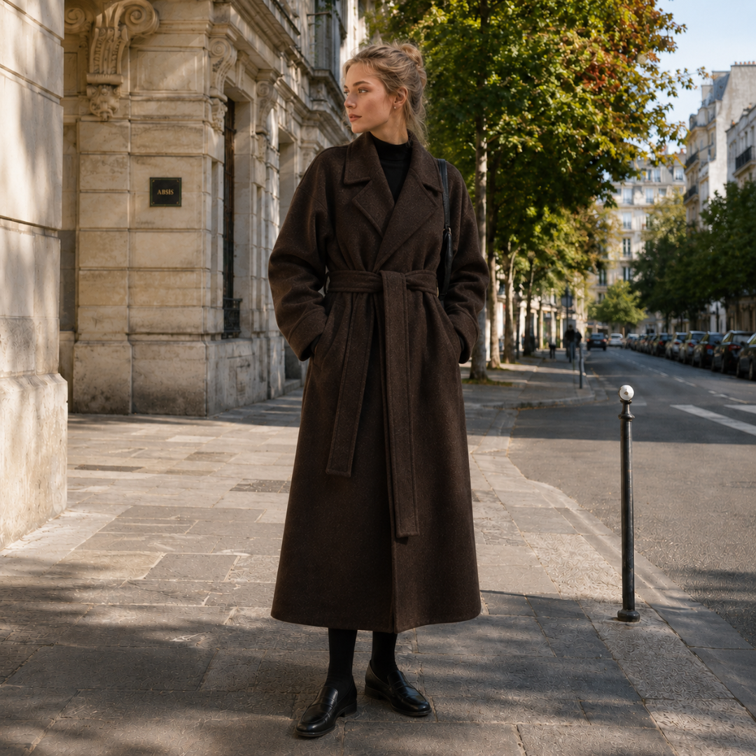 Manteau femme marron avec ceinture nouée à la taille et poches latérales en rue