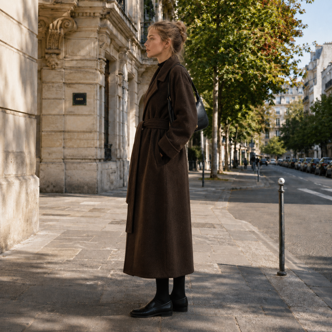 Vue de profil du manteau long marron ceinturé, tombé droit jusqu'aux chevilles