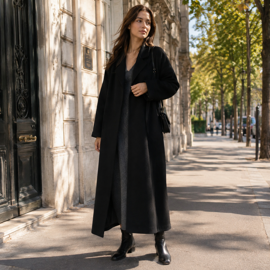 Manteau long femme noir porté ouvert, larges revers et coupe droite jusqu'aux chevilles