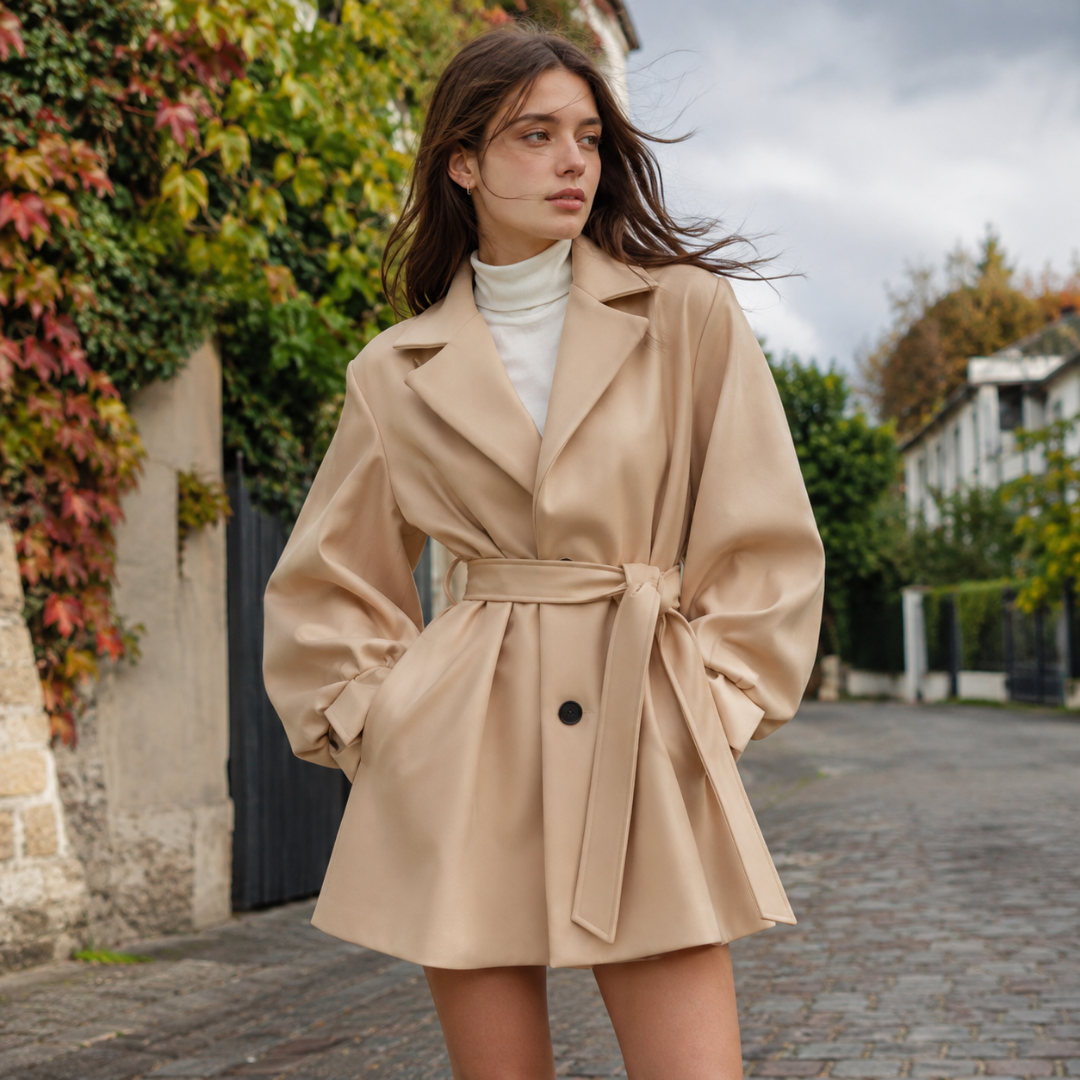 Manteau femme kaki clair ceinturé, manches ballon et bas évasé, allure décontractée