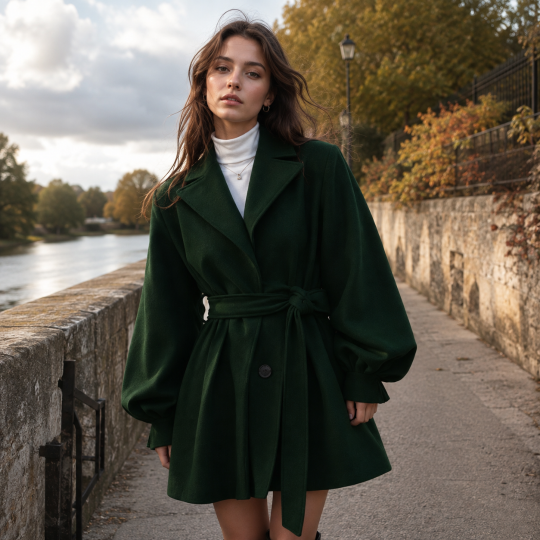 Manteau femme vert foncé ceinturé, bouton unique et poignets boutonnés, bord de rivière