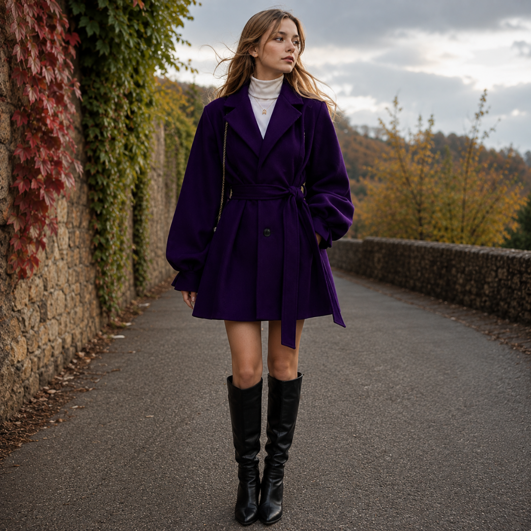 Manteau femme violet ceinturé à revers crantés et bouton, porté sur un col roulé blanc