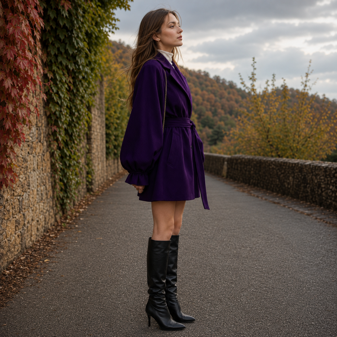 Vue de profil du manteau violet ceinturé avec manches ballon et bas évasé