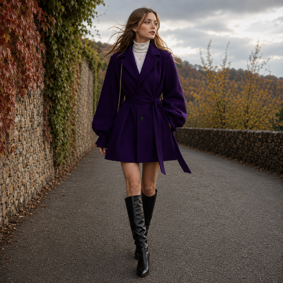 Manteau court violet ceinturé à la taille, revers larges et poignets boutonnés