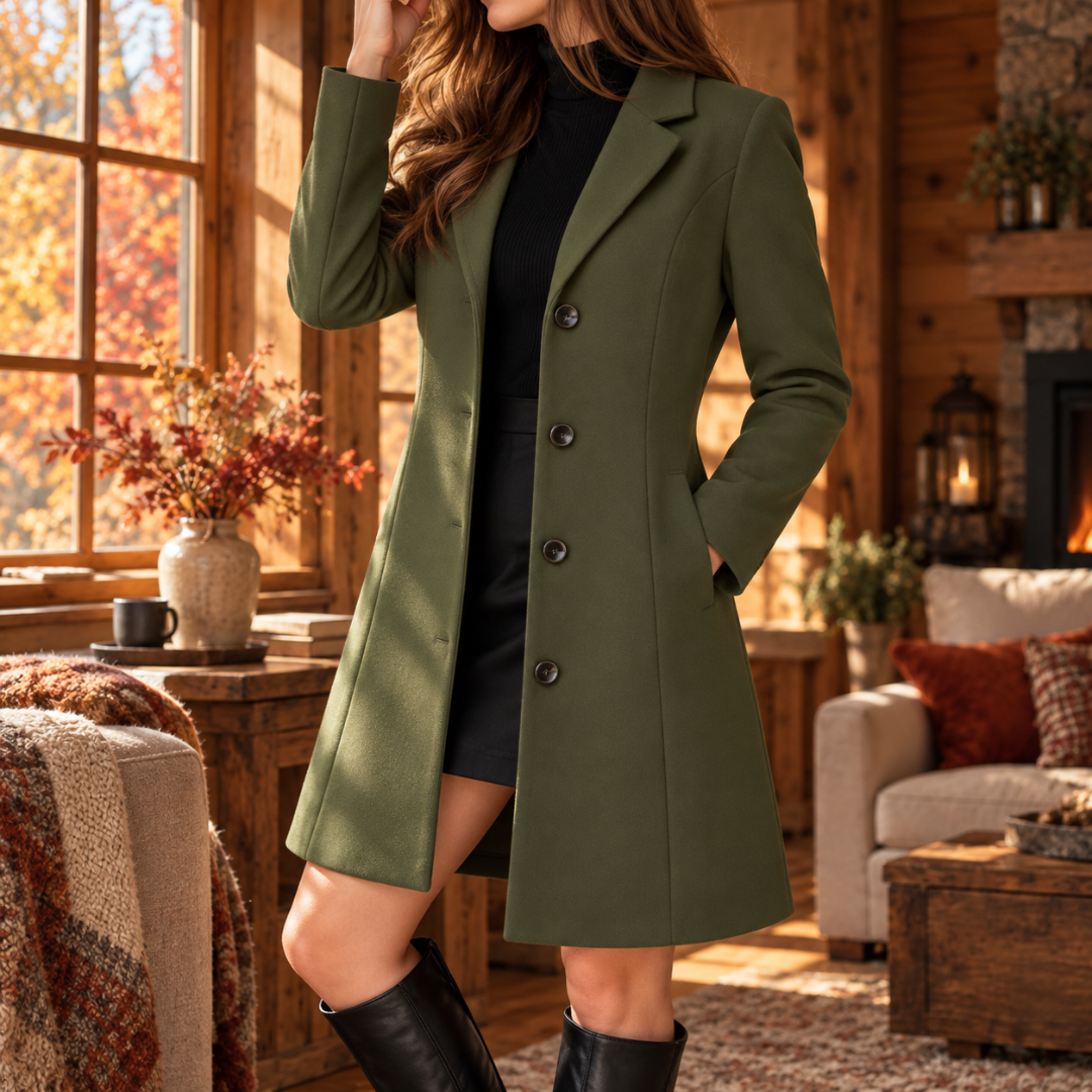 Manteau femme vert olive à col cranté, boutons foncés et taille cintrée