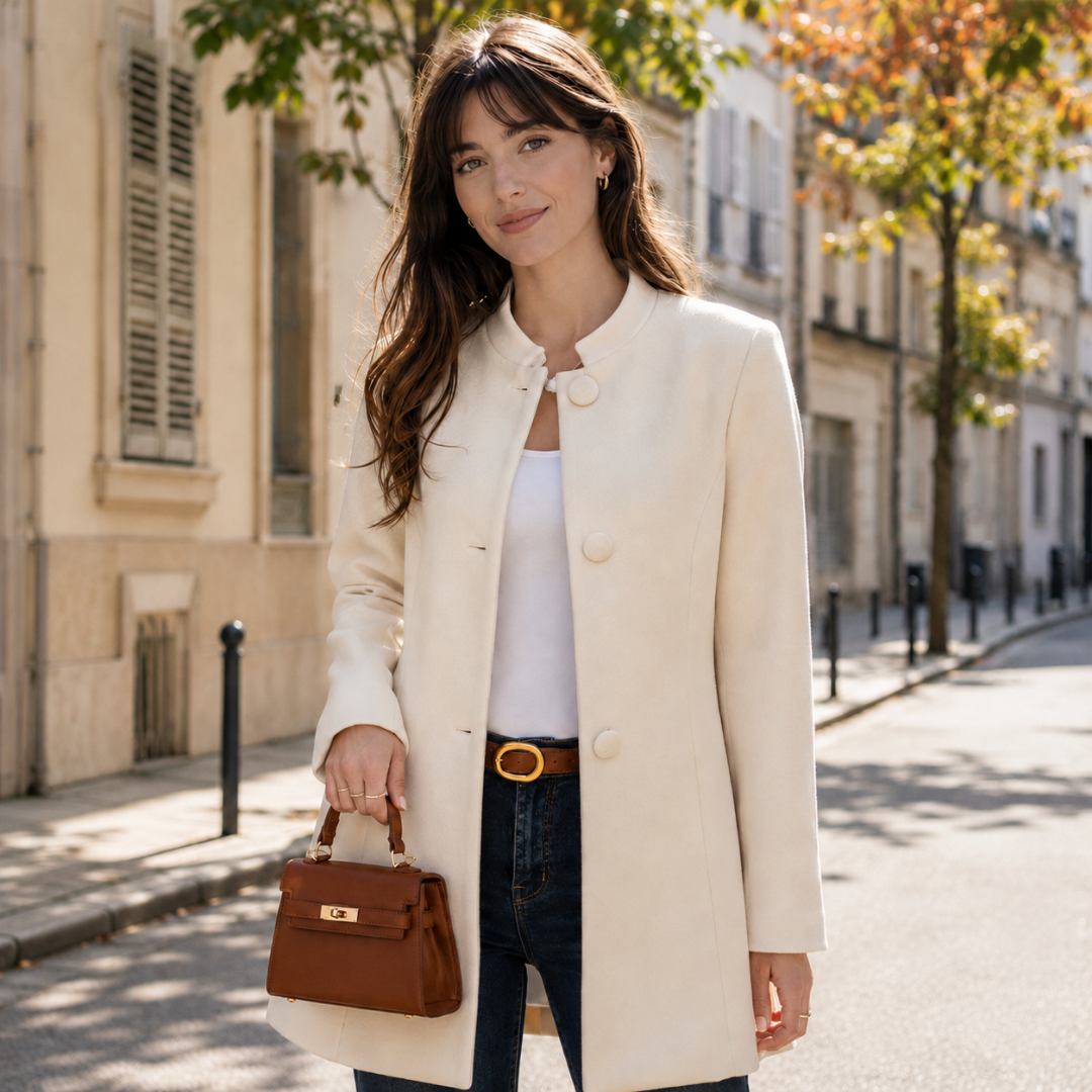 Manteau femme beige clair à boutons recouverts, porté avec un sac à main marron