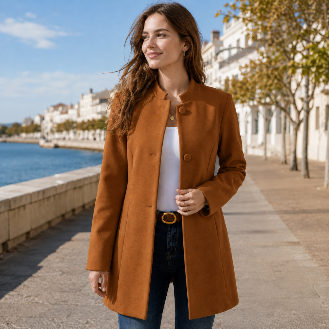 Manteau femme camel porté ouvert au bord de l'eau, col officier montant