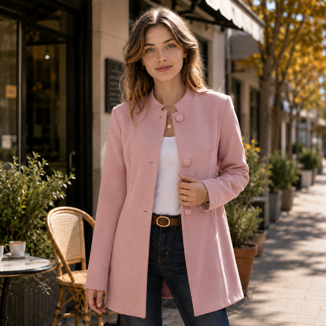 Manteau femme rose mi-long à boutons recouverts et col officier, allure évasée