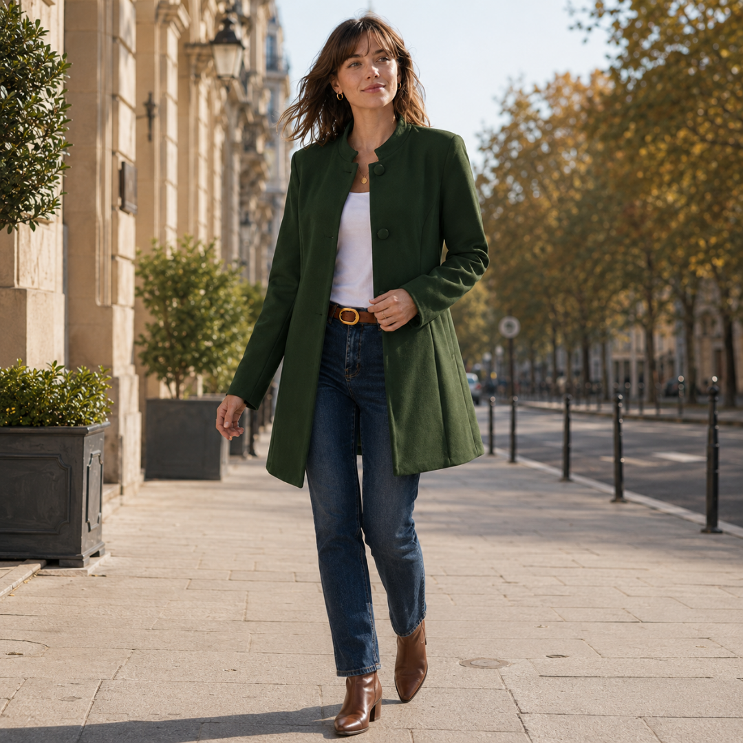 Manteau femme vert mi-long en pied, ligne évasée et col officier montant