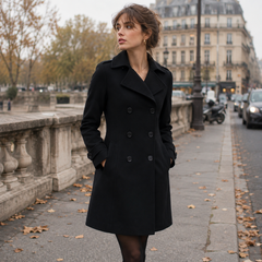 Manteau femme noir croisé à col tailleur cranté et boutons foncés, porté en ville